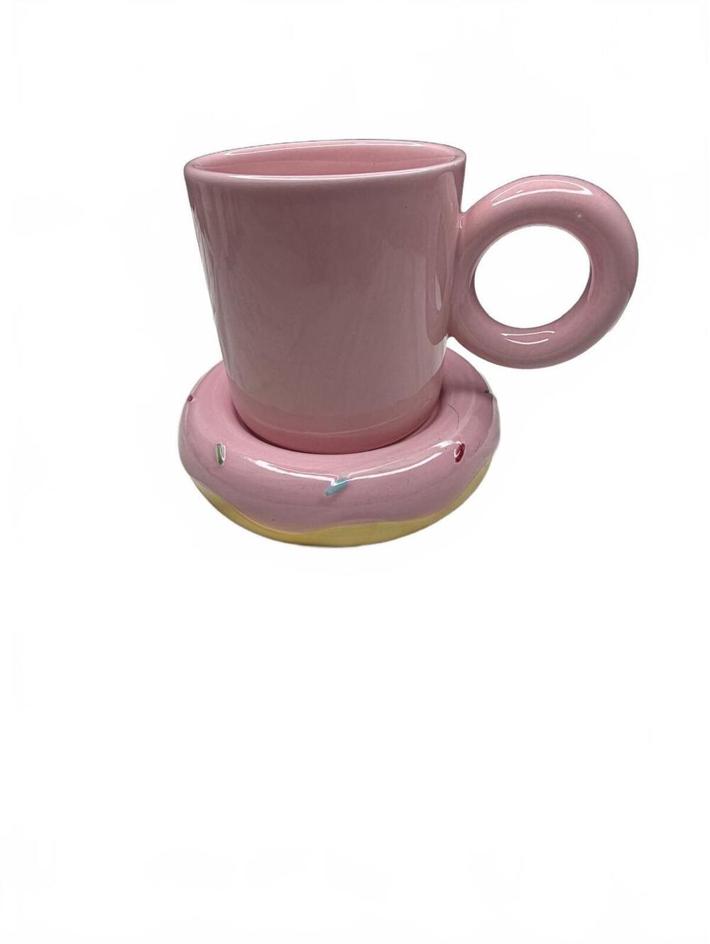 Pink Ceramic Coffee Mug with Donut-Shaped Handle and Matching Saucer